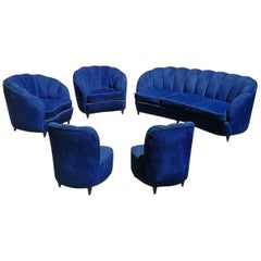 Beautiful Velvet Blue Italian Sofa with 4 Armchairs and Original Fabric