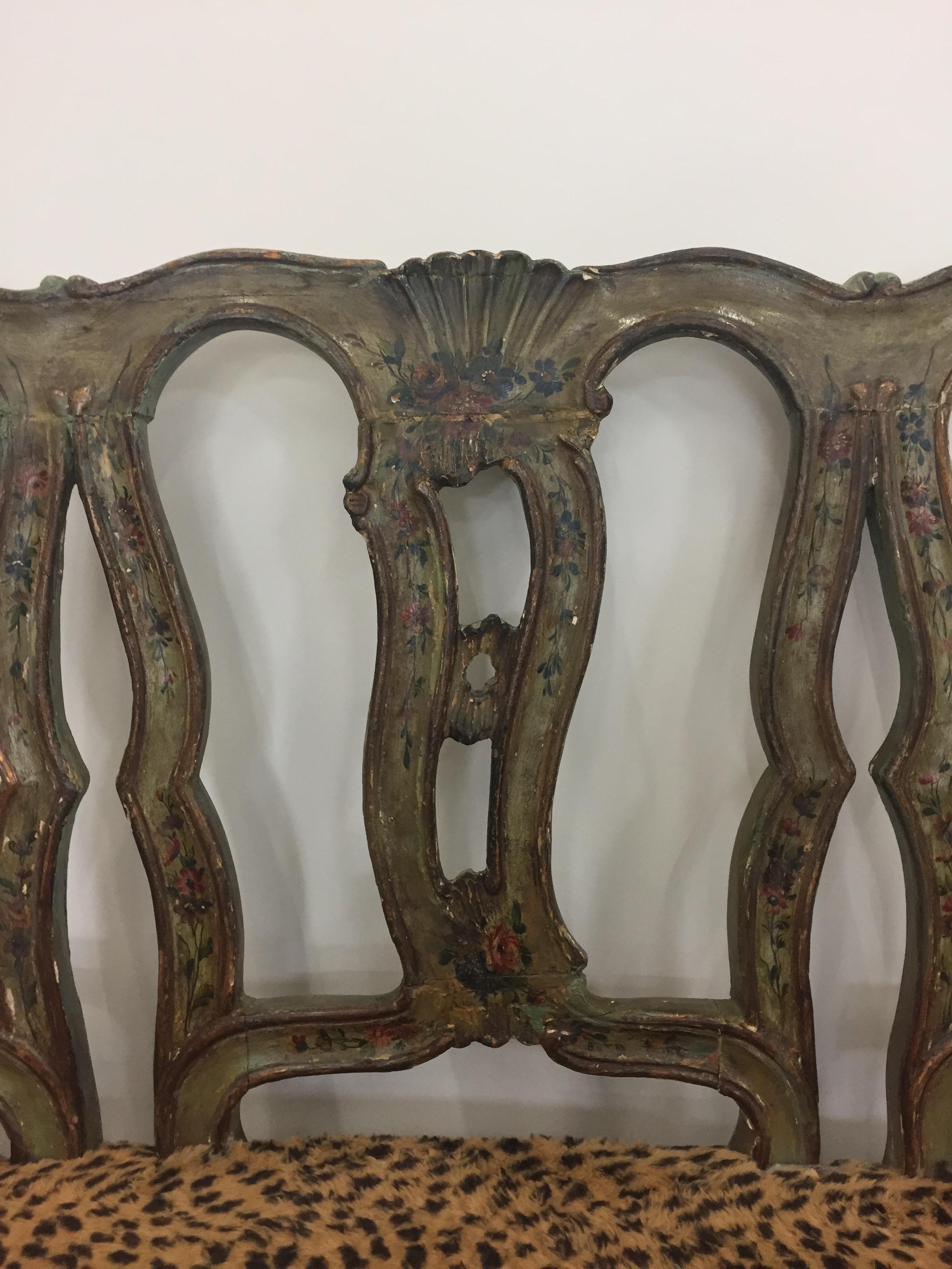Mid-20th Century Beautiful Venetian Hand-Painted Loveseat Settee with Animal Print Upholstery