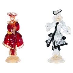 Vintage Beautiful Venetian Lady and Gentleman in Ruby-Red and Black, with Gold Finishes