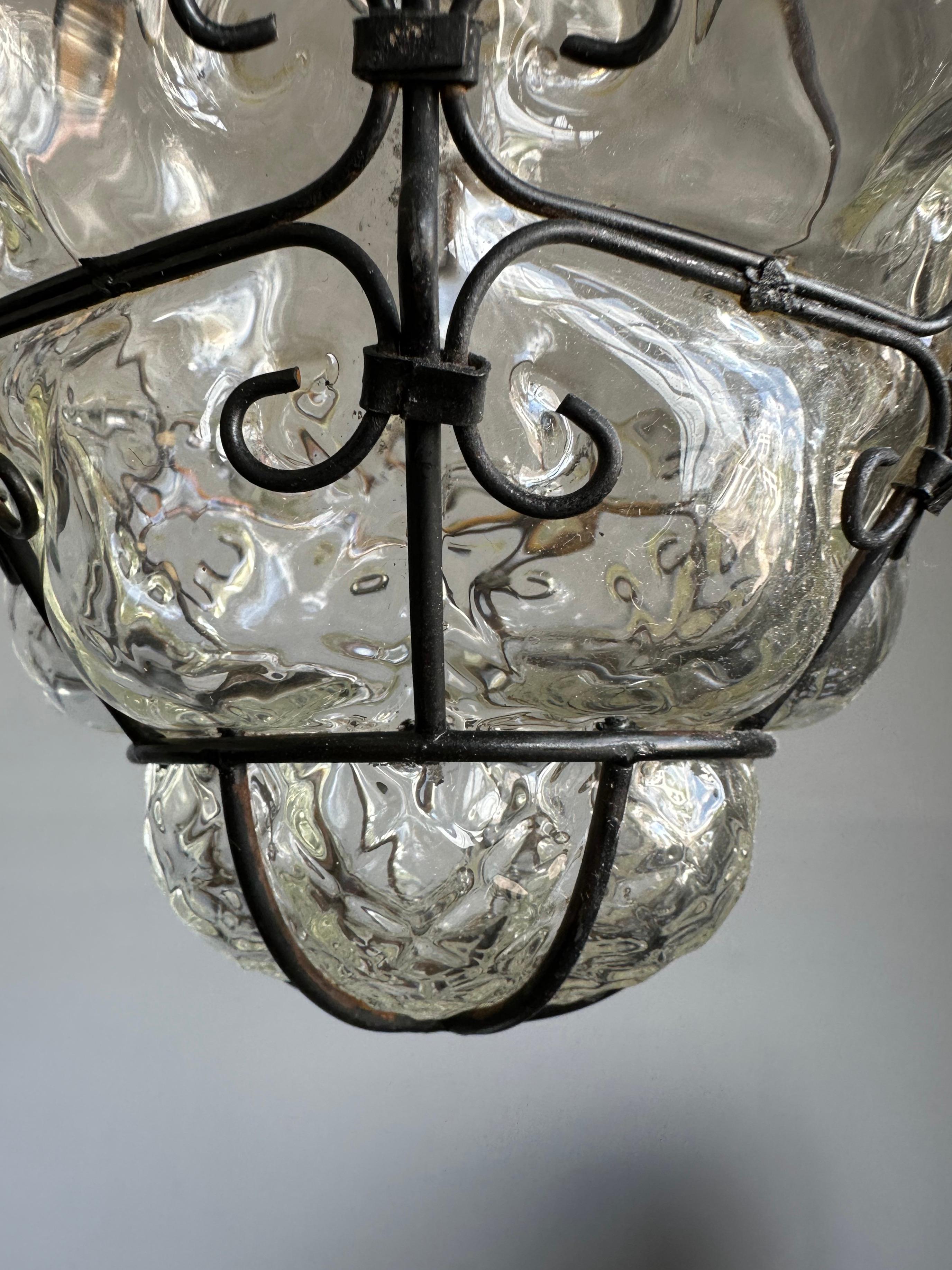 Beautiful Venetian Murano Pendant Light, Clear Glass Mouth Blown into Iron Frame For Sale 4