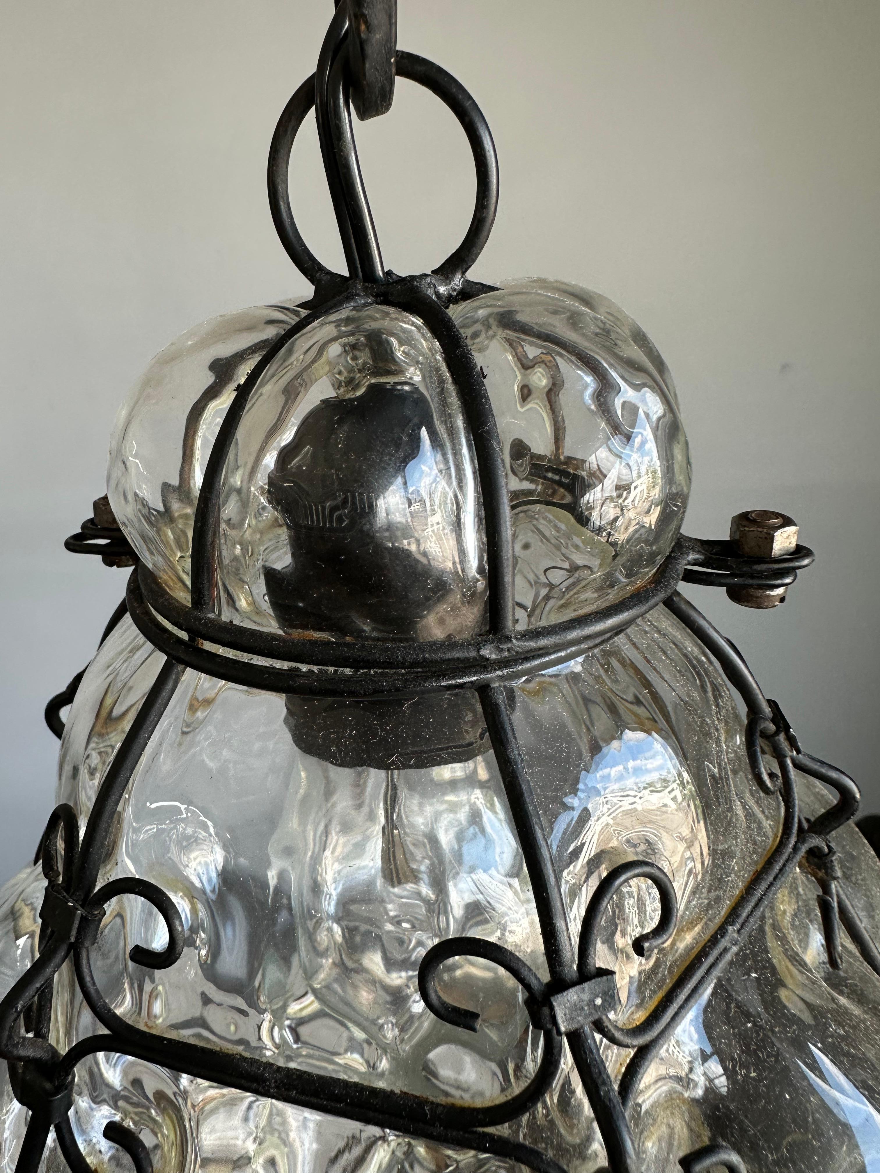 Beautiful Venetian Murano Pendant Light, Clear Glass Mouth Blown into Iron Frame For Sale 7