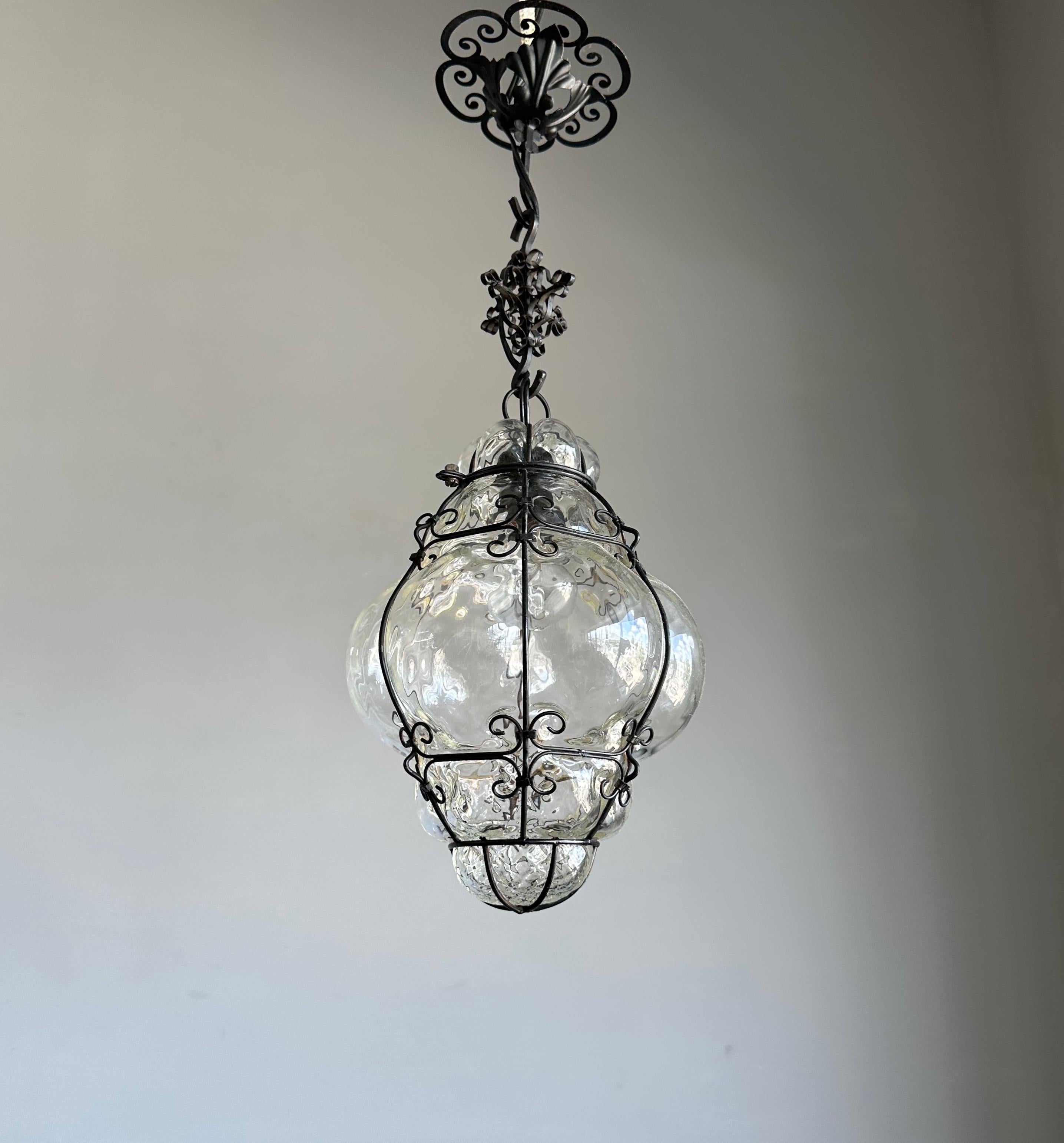 Beautiful Venetian Murano Pendant Light, Clear Glass Mouth Blown into Iron Frame For Sale 8
