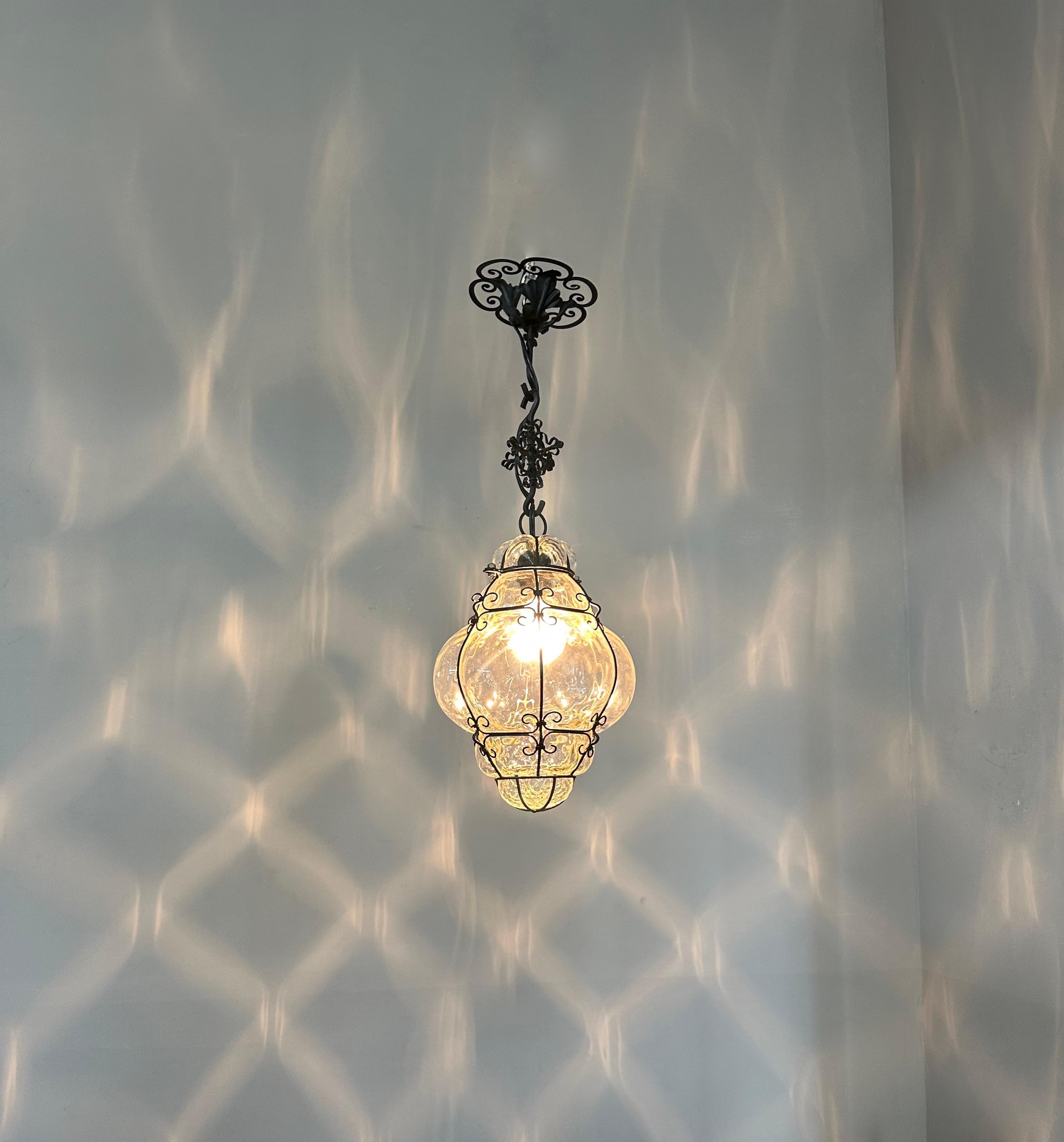 Beautiful Venetian Murano Pendant Light, Clear Glass Mouth Blown into Iron Frame For Sale 9