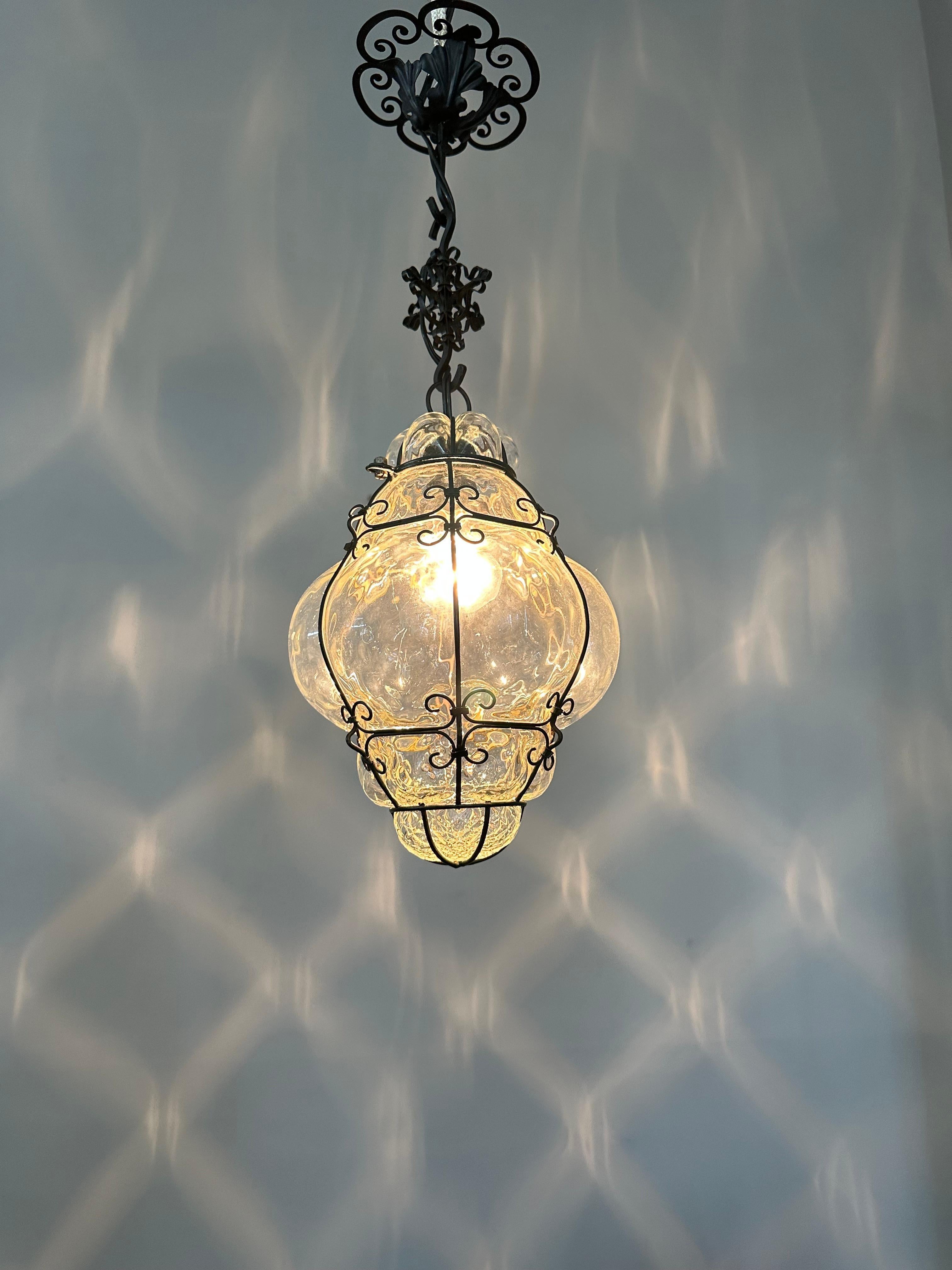 Beautiful Venetian Murano Pendant Light, Clear Glass Mouth Blown into Iron Frame For Sale 10