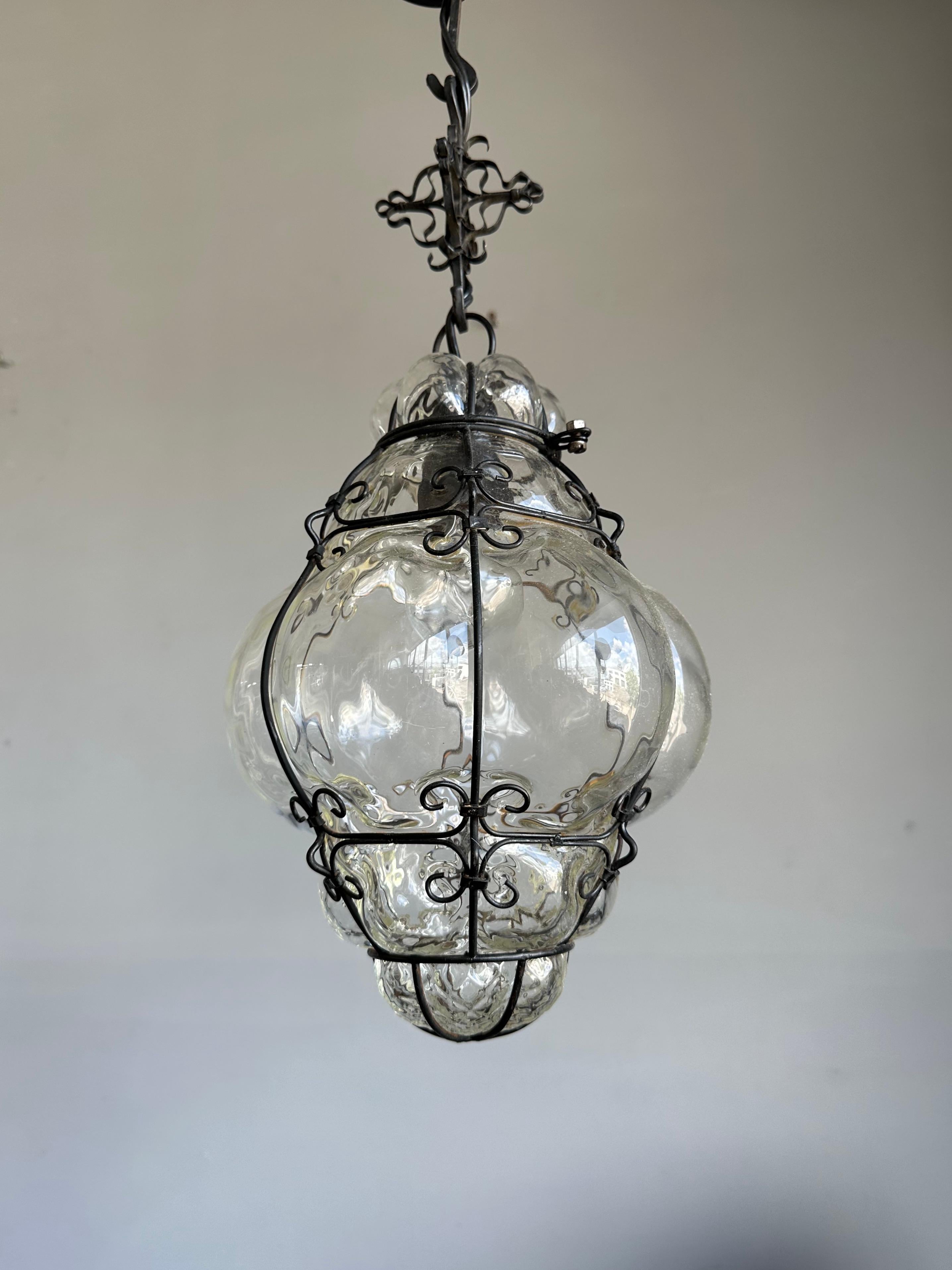 Beautiful Venetian Murano Pendant Light, Clear Glass Mouth Blown into Iron Frame For Sale 11