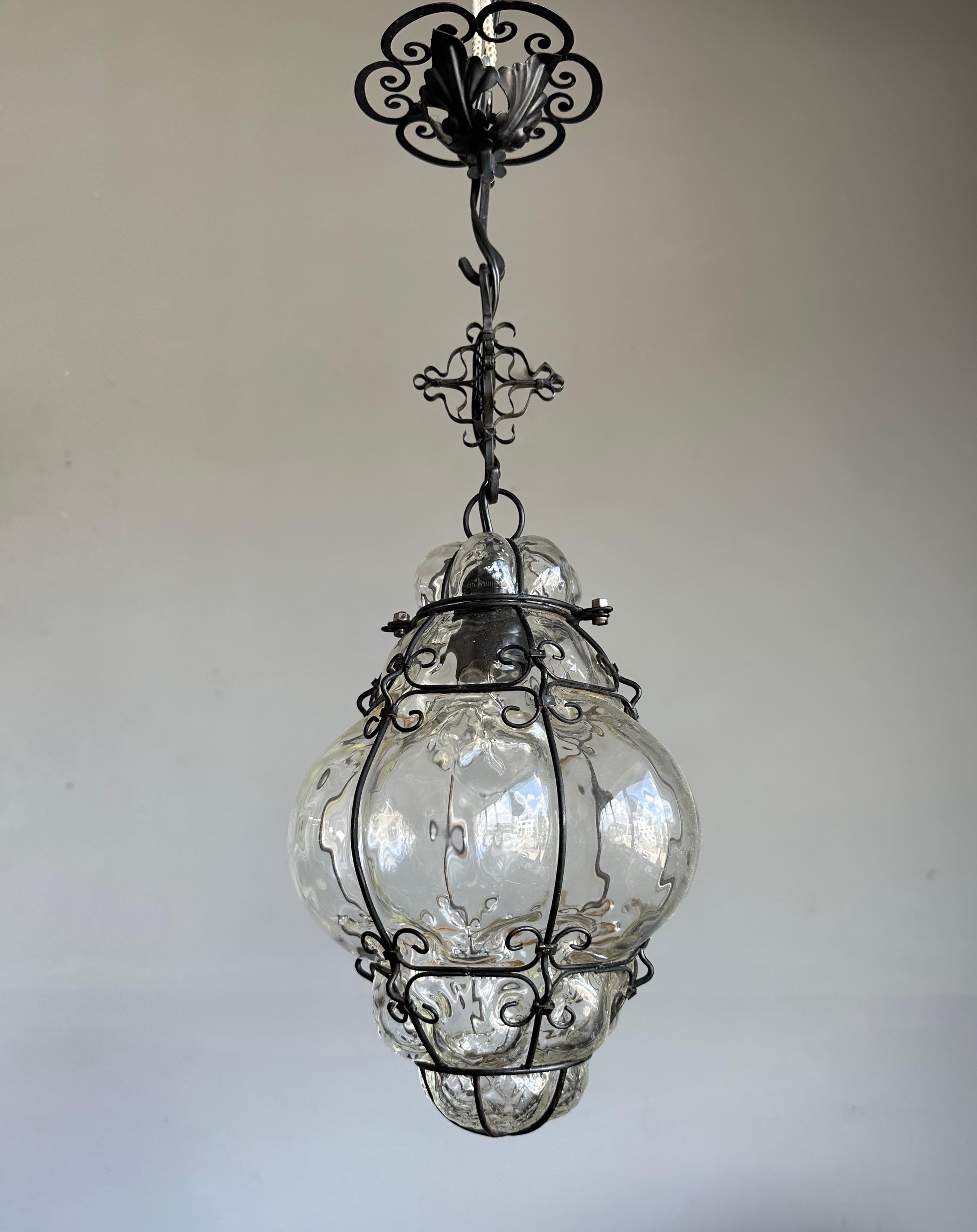 Beautiful Venetian Murano Pendant Light, Clear Glass Mouth Blown into Iron Frame For Sale 12
