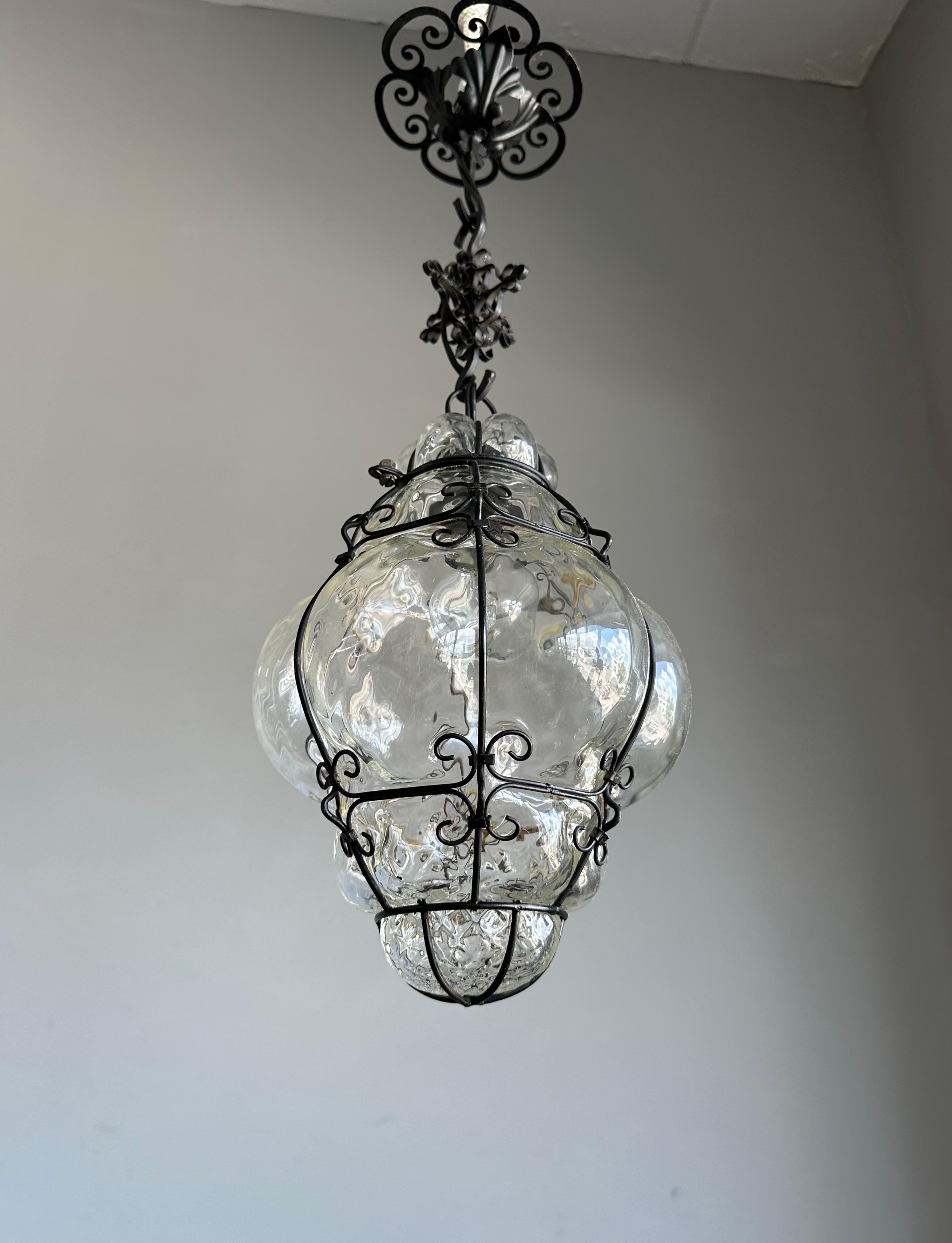 20th Century Beautiful Venetian Murano Pendant Light, Clear Glass Mouth Blown into Iron Frame For Sale