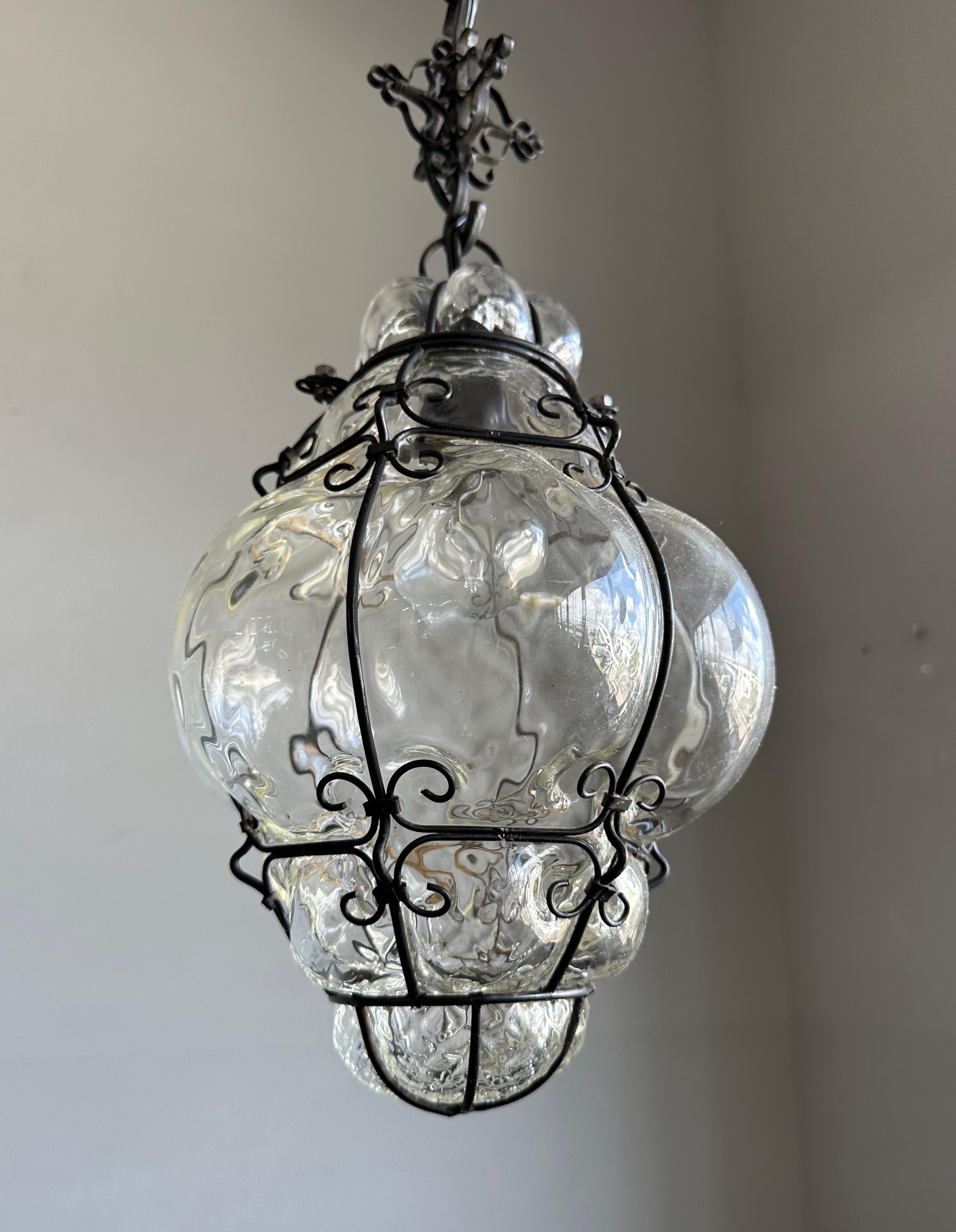Beautiful Venetian Murano Pendant Light, Clear Glass Mouth Blown into Iron Frame For Sale 1