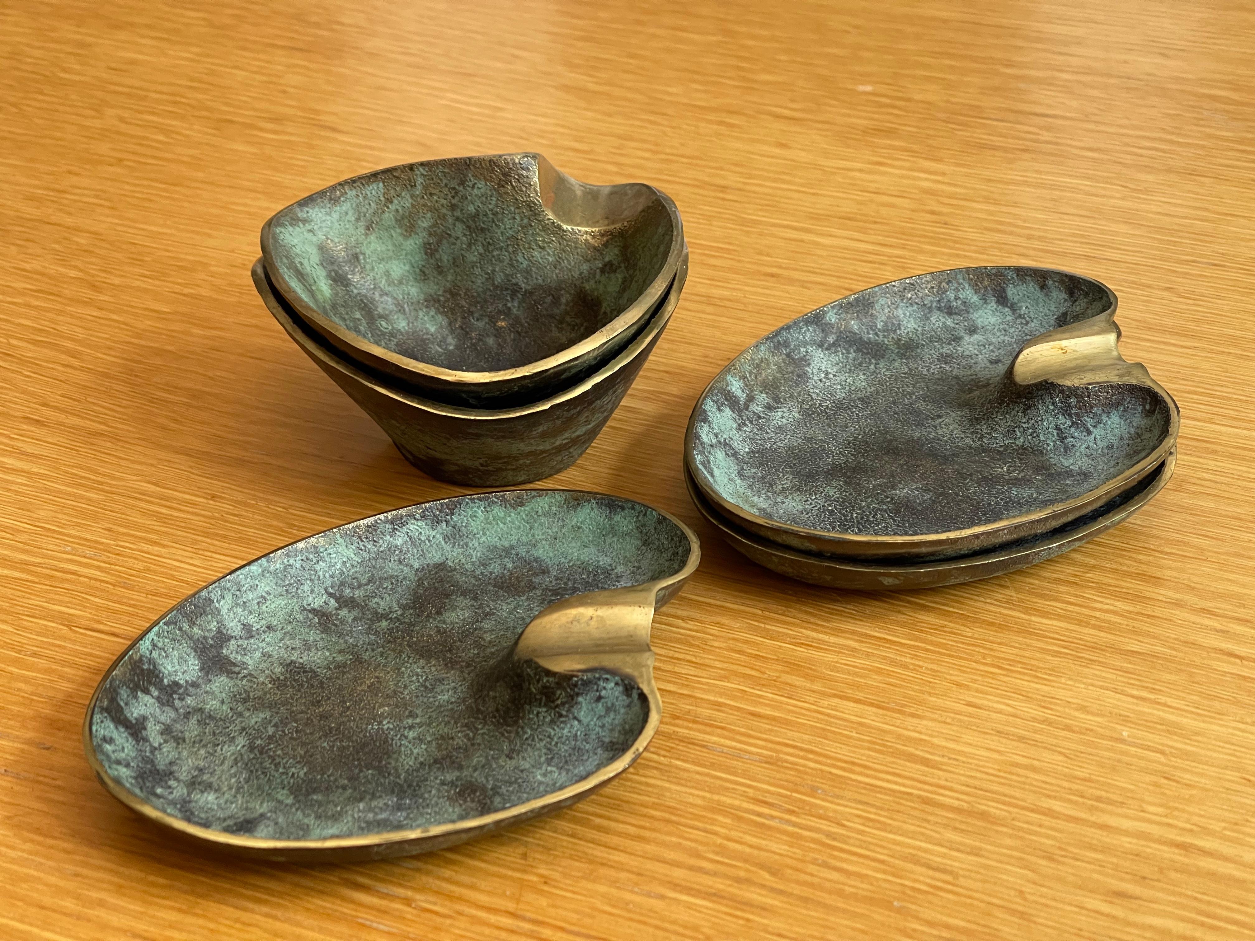 Mid-20th Century Beautiful, Very Rare, Five Midcentury Heavy Brass Table Ashtrays by Carl Auböck