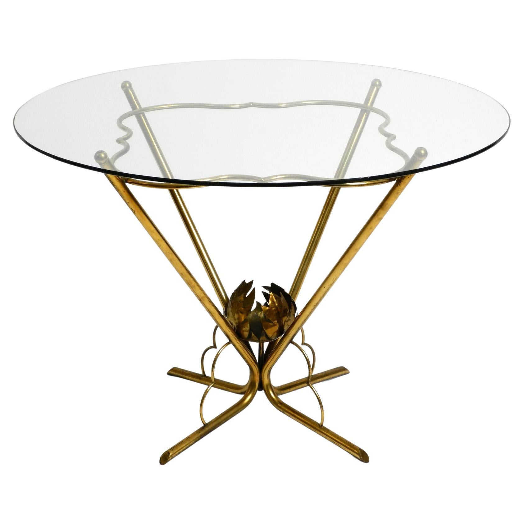 Beautiful very rare Italian mid-century round glass brass floral side table For Sale