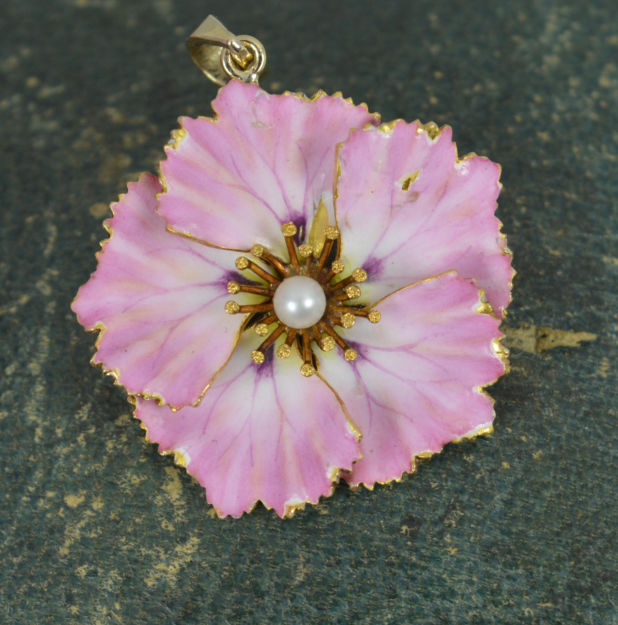 Round Cut Beautiful Victorian 14 Carat Gold Pink Enamel and Pearl Flower Head Pendant