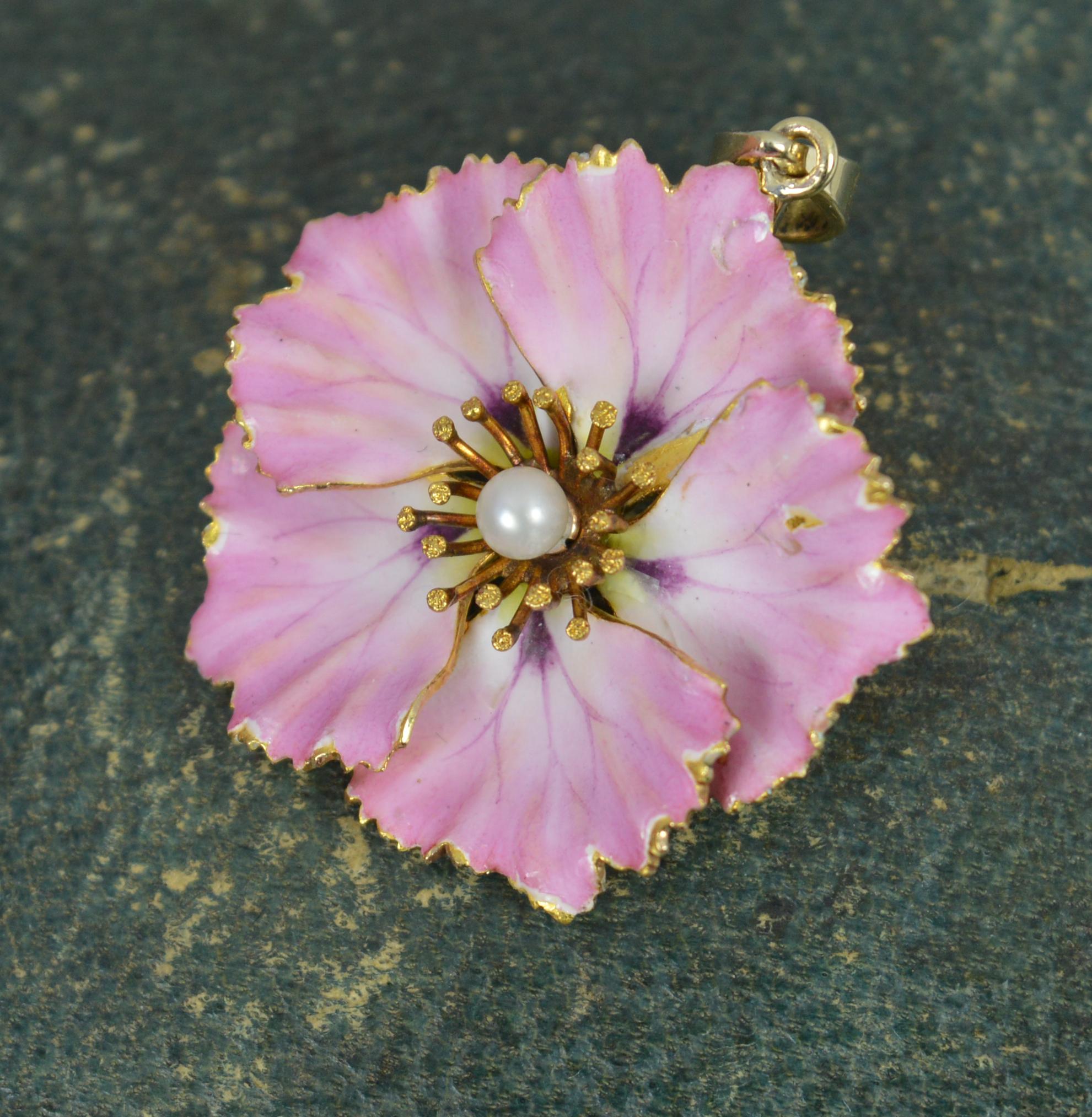 Beautiful Victorian 14 Carat Gold Pink Enamel and Pearl Flower Head Pendant In Excellent Condition In St Helens, GB