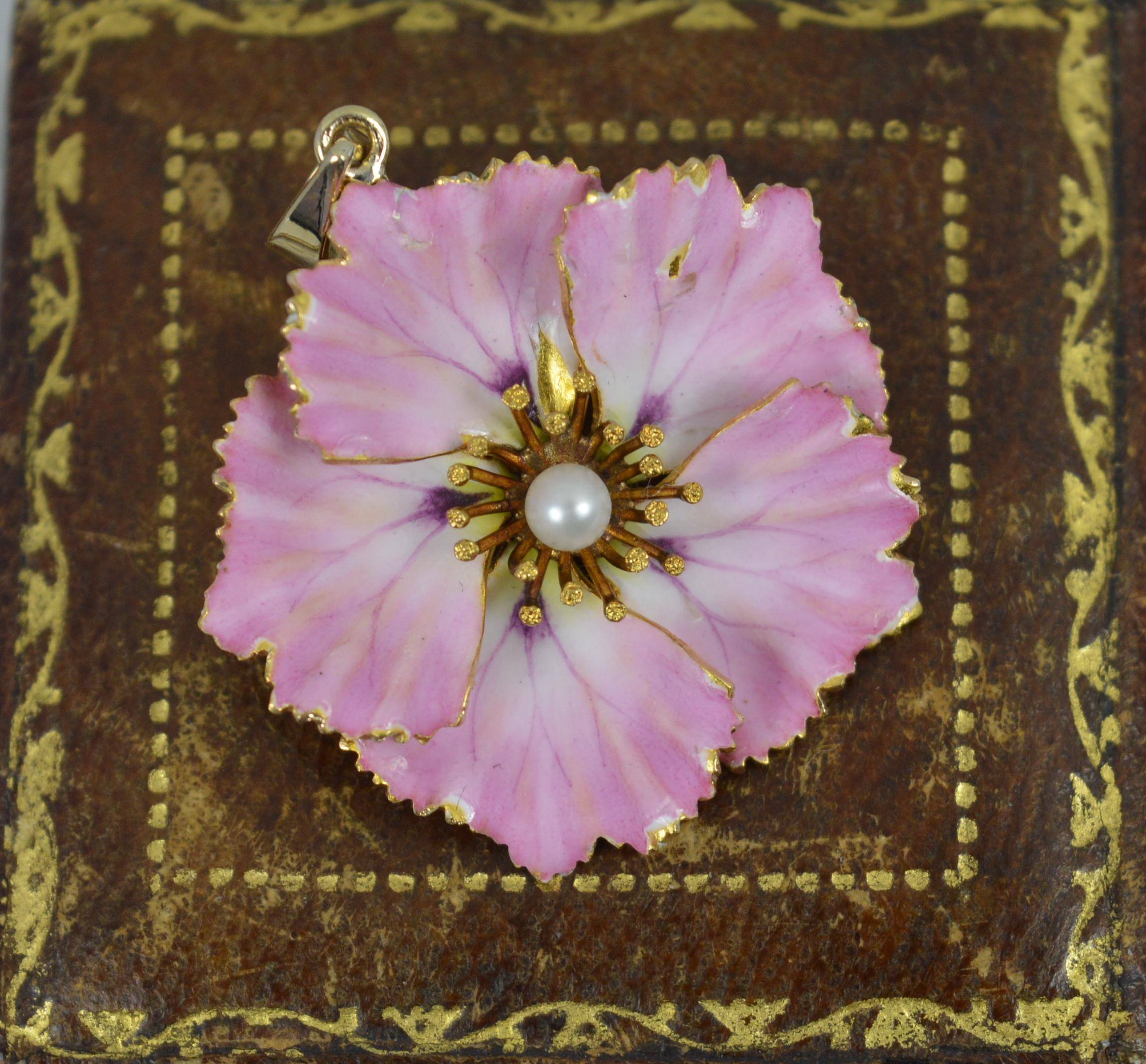 Beautiful Victorian 14 Carat Gold Pink Enamel and Pearl Flower Head Pendant 2