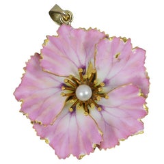 Antique Beautiful Victorian 14 Carat Gold Pink Enamel and Pearl Flower Head Pendant