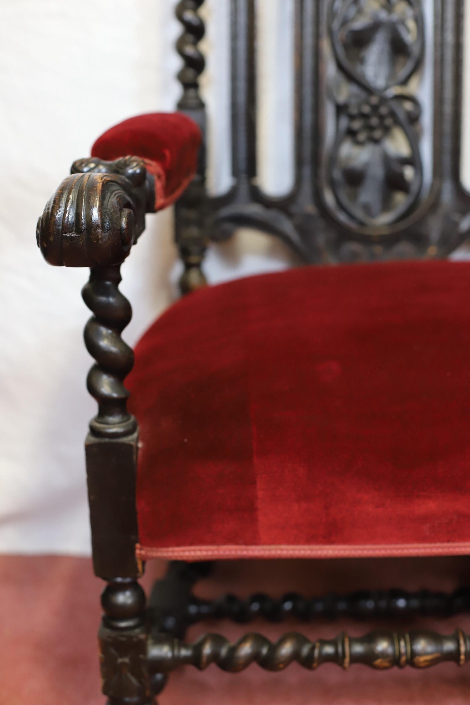 Fabric Beautiful Victorian Carved Oak Two-Seater Settee In Jacobean Style For Sale