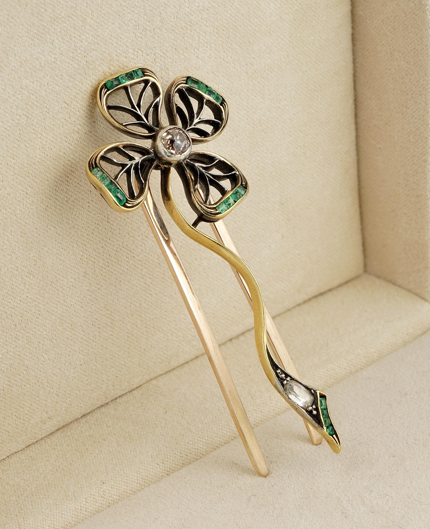 Be jewelled

Beautiful Victorian era hair ornament in the shape of a charming lucky Clover, totally hand crafted of solid 18 KT gold with little portion of silver over gold housing the Diamond, the hair pin is made of solid 10 KT gold
beautiful hand
