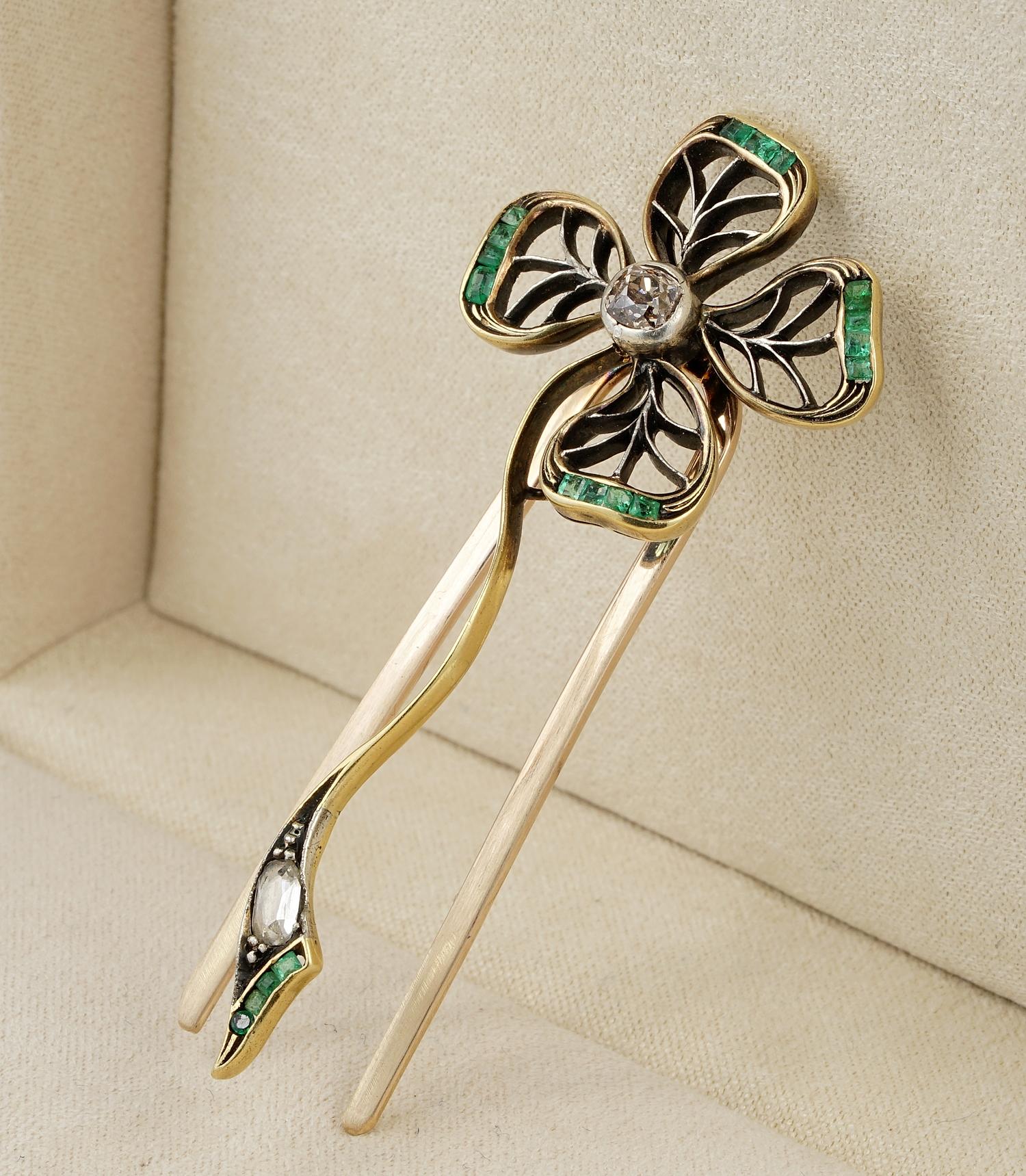 Beautiful Victorian Clover Diamond Emerald Hair Ornament In Fair Condition For Sale In Napoli, IT