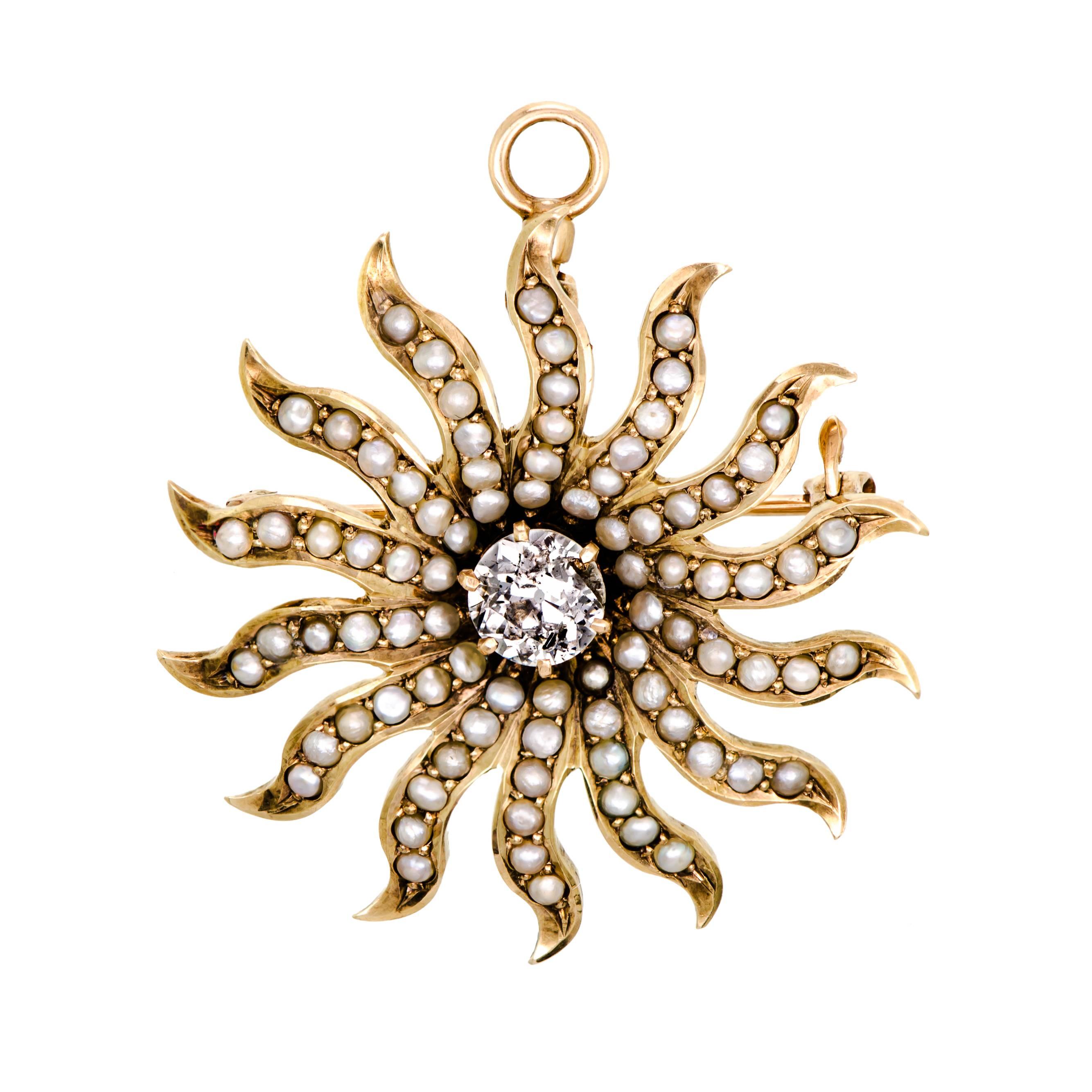 Beautiful Victorian Diamond and Pearl Yellow Gold Starburst Brooch/Pendant For Sale