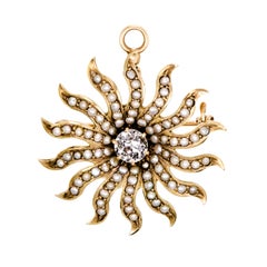 Antique Beautiful Victorian Diamond and Pearl Yellow Gold Starburst Brooch/Pendant
