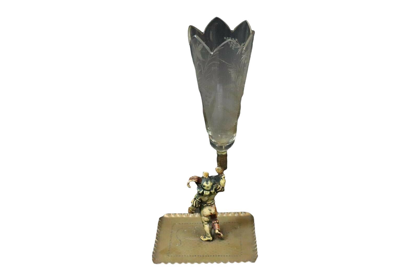 Austrian Beautiful Victorian Glass Vase with Bronze Figure Stand, Late 19th Century For Sale