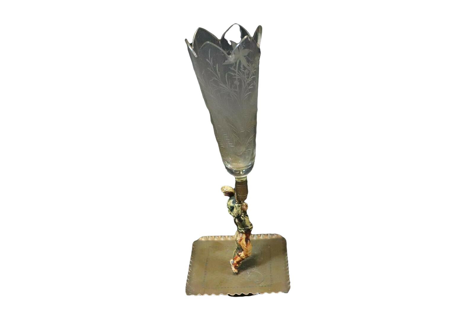 Hand-Crafted Beautiful Victorian Glass Vase with Bronze Figure Stand, Late 19th Century For Sale