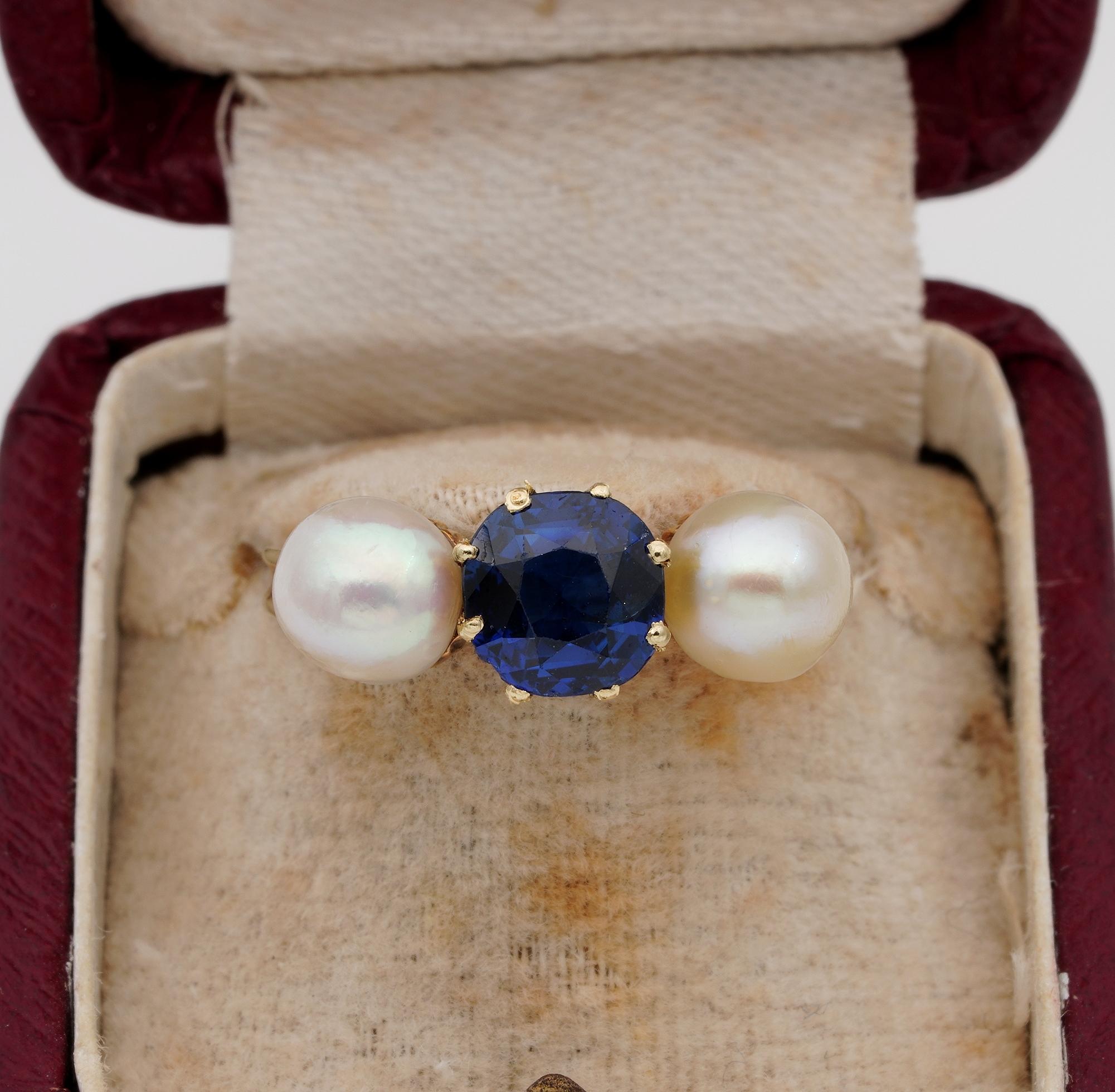 Purity & Fidelity

This stunning antique ring is from the Victorian period
Classy Trilogy design related to sentiment and life together
Composed by a selection of three stone for meaningful: past, present, future; with Sapphire associated with