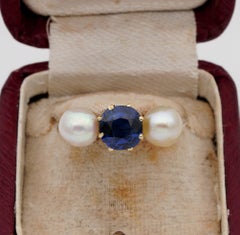Beautiful Victorian Natural No Heat Sapphire Natural Basra Pearl Trilogy Ring