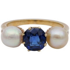 Beautiful Victorian Natural No Heat Sapphire Natural Basra Pearl Trilogy Ring