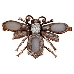 Antique Beautiful Victorian Opal and 2.60 Carat Diamond Fly Brooch/Pendant