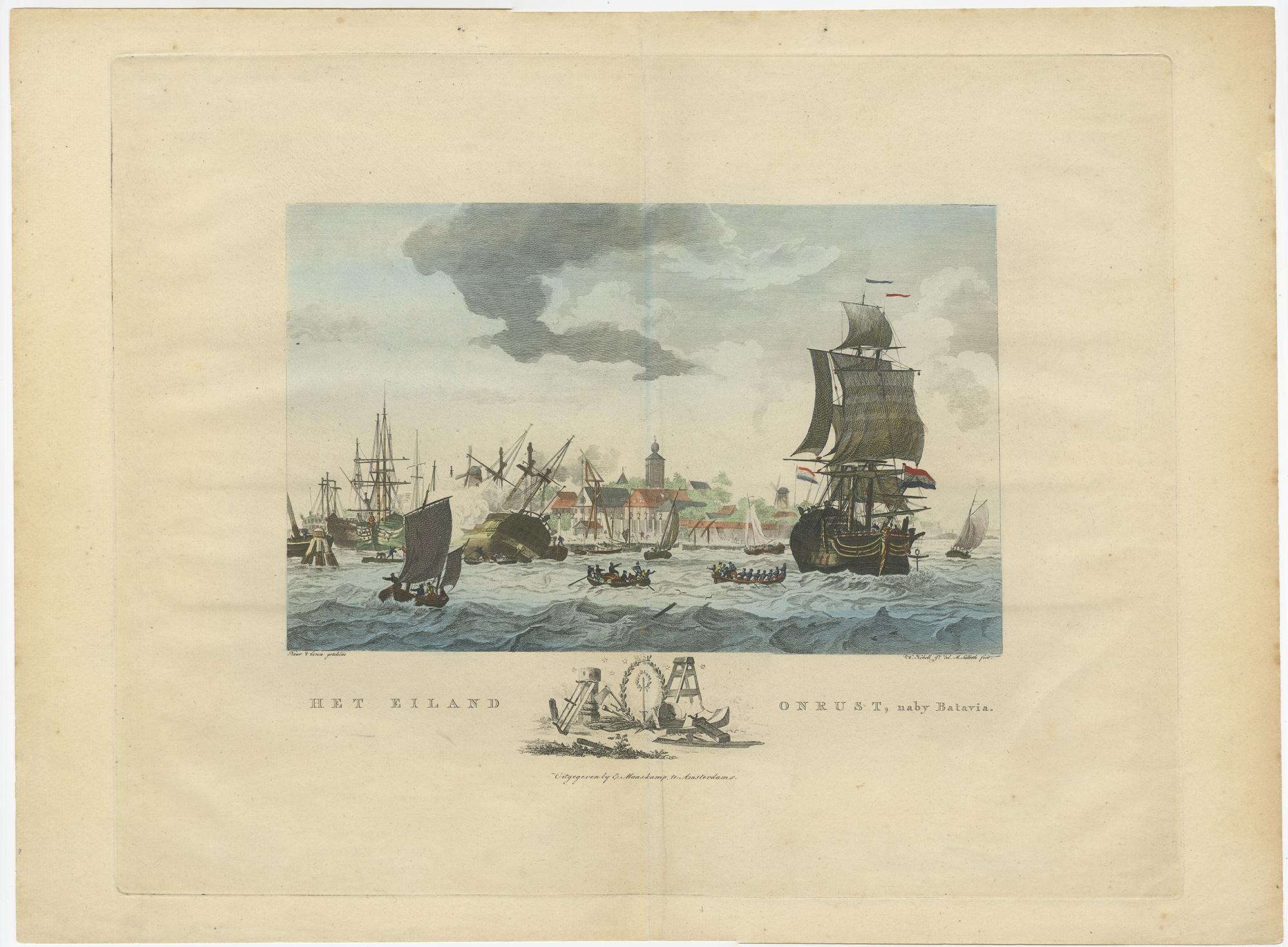 Gravure ancienne intitulée 'Het Eiland Onrust'. Belle vue de la mer près de l'île Onrust, également connue sous le nom de Pulau Onrust ou Pulau Kapal (île bateau), en Indonésie. Publié par E. Maaskamp, vers 1805.

Artistes et graveurs : Gravé par