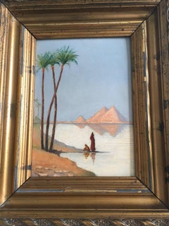 Beautiful View of the Pyramids, Egypt, 1915, by Denizot, Oil on Canvas