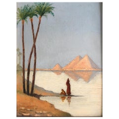 Beautiful View of the Pyramids, Egypt, 1915, by Denizot, Oil on Canvas