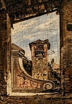 Beautiful Village View with Bell Tower, Oil on Canvas, Circa 1800