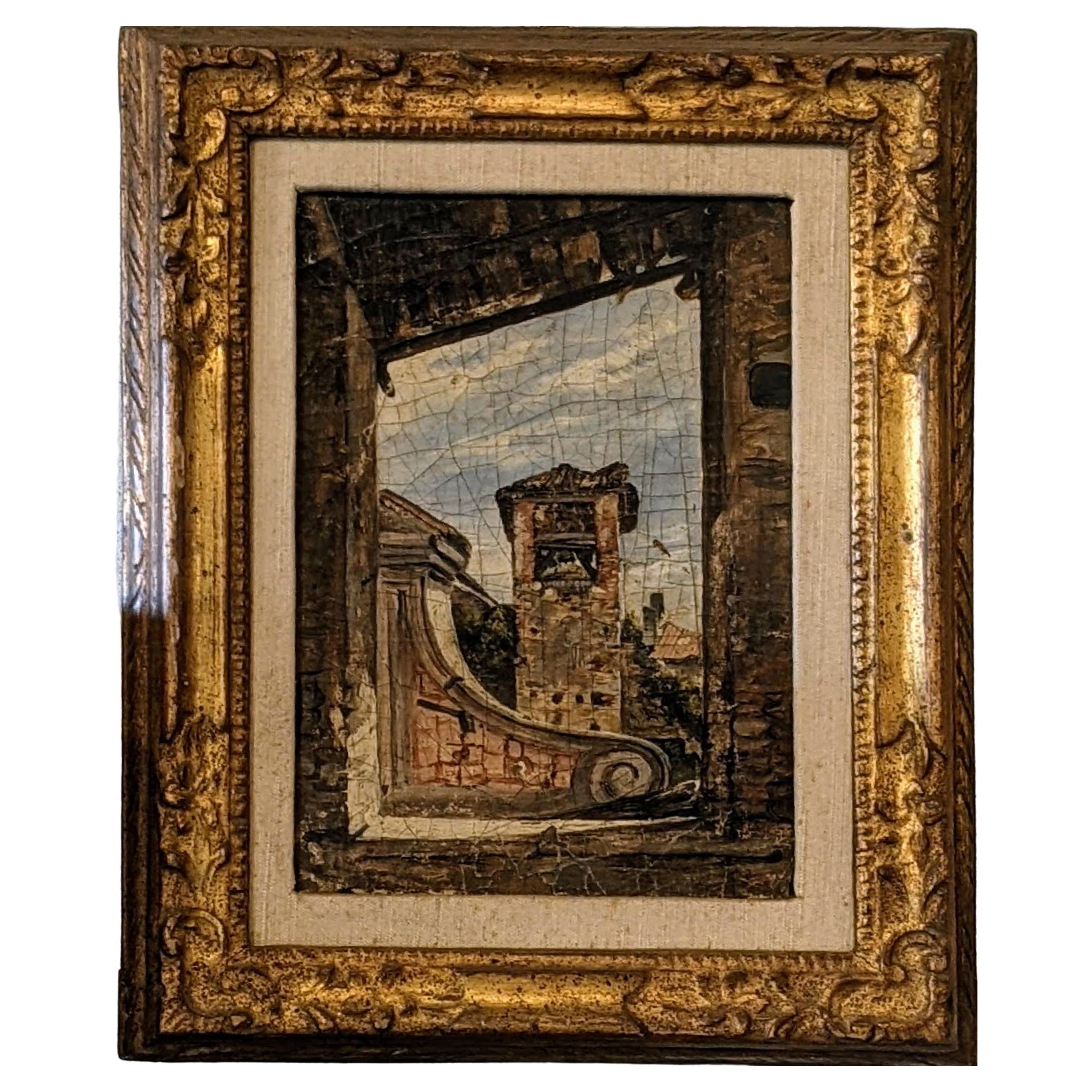 Beautiful Village View with Bell Tower, Oil on Canvas, Circa 1800 For Sale