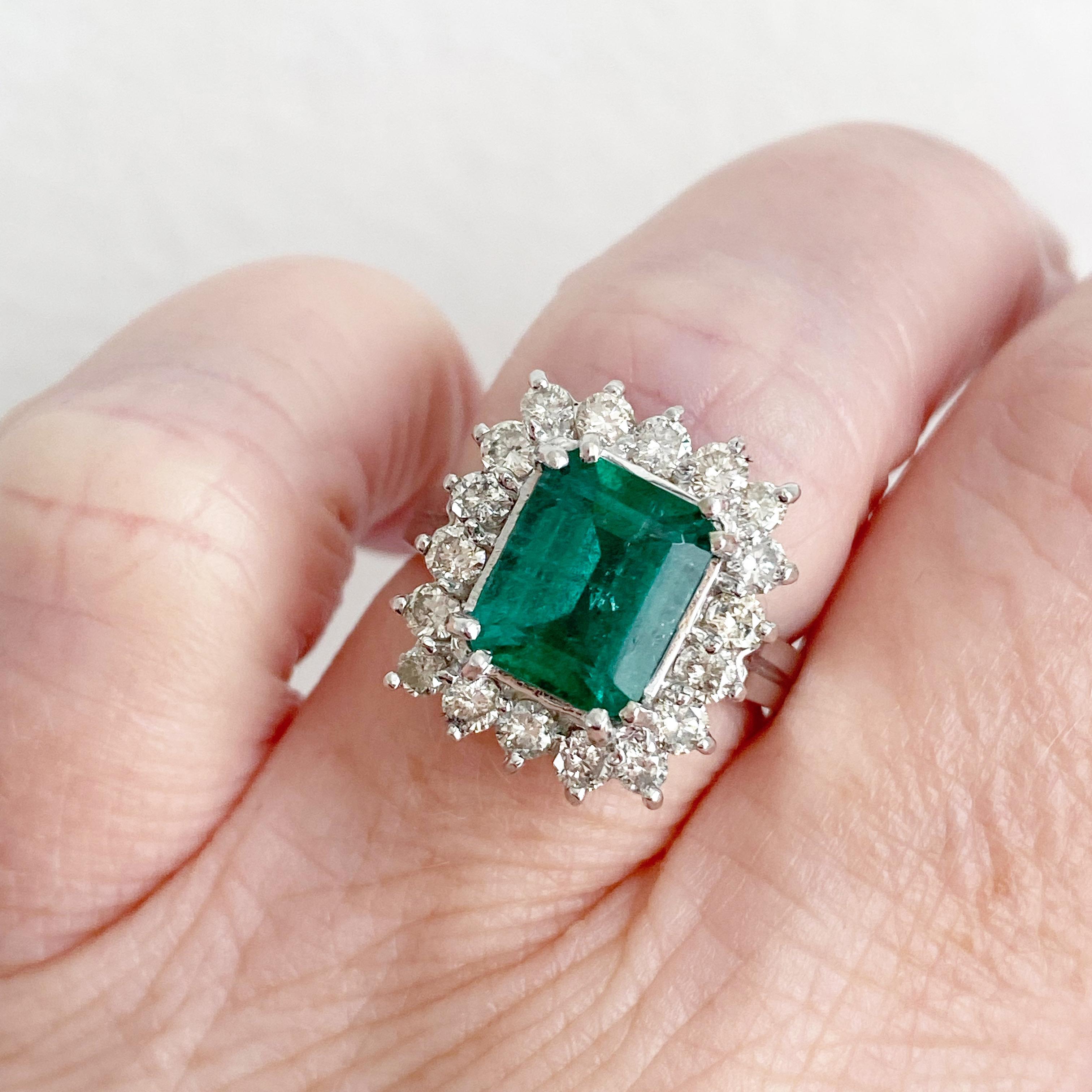 Emerald Cut Beautiful Vintage 14k White Gold Emerald and Diamond Halo Ring with AGL Cert