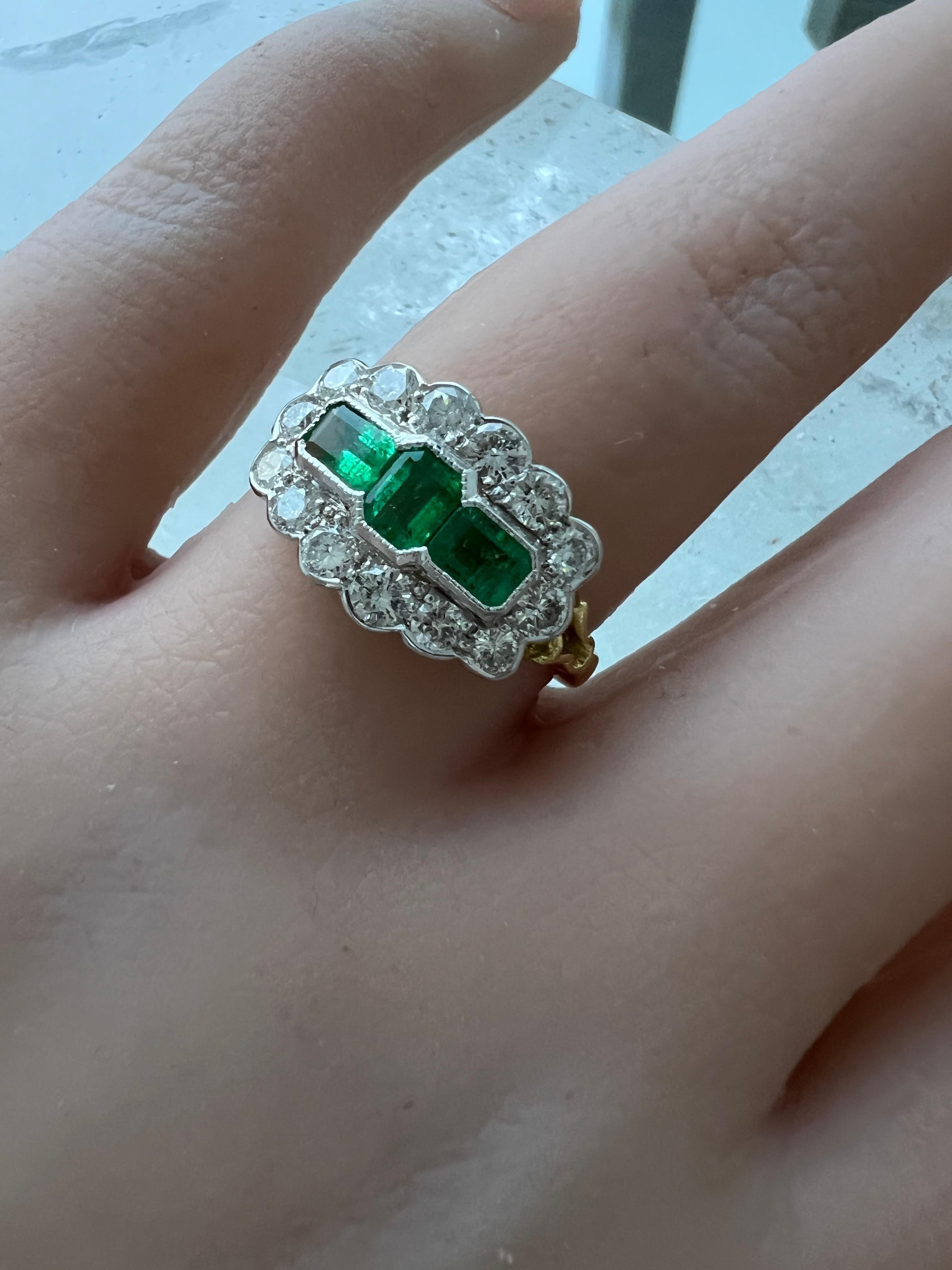 Emerald Cut Beautiful Vintage 18K Yellow Gold Diamond and Emerald Ring - 1.73ct. For Sale