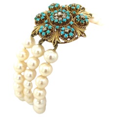 Beautiful Vintage 3 Row Cultural Pearl Bracelet with Diamonds & Turquoise