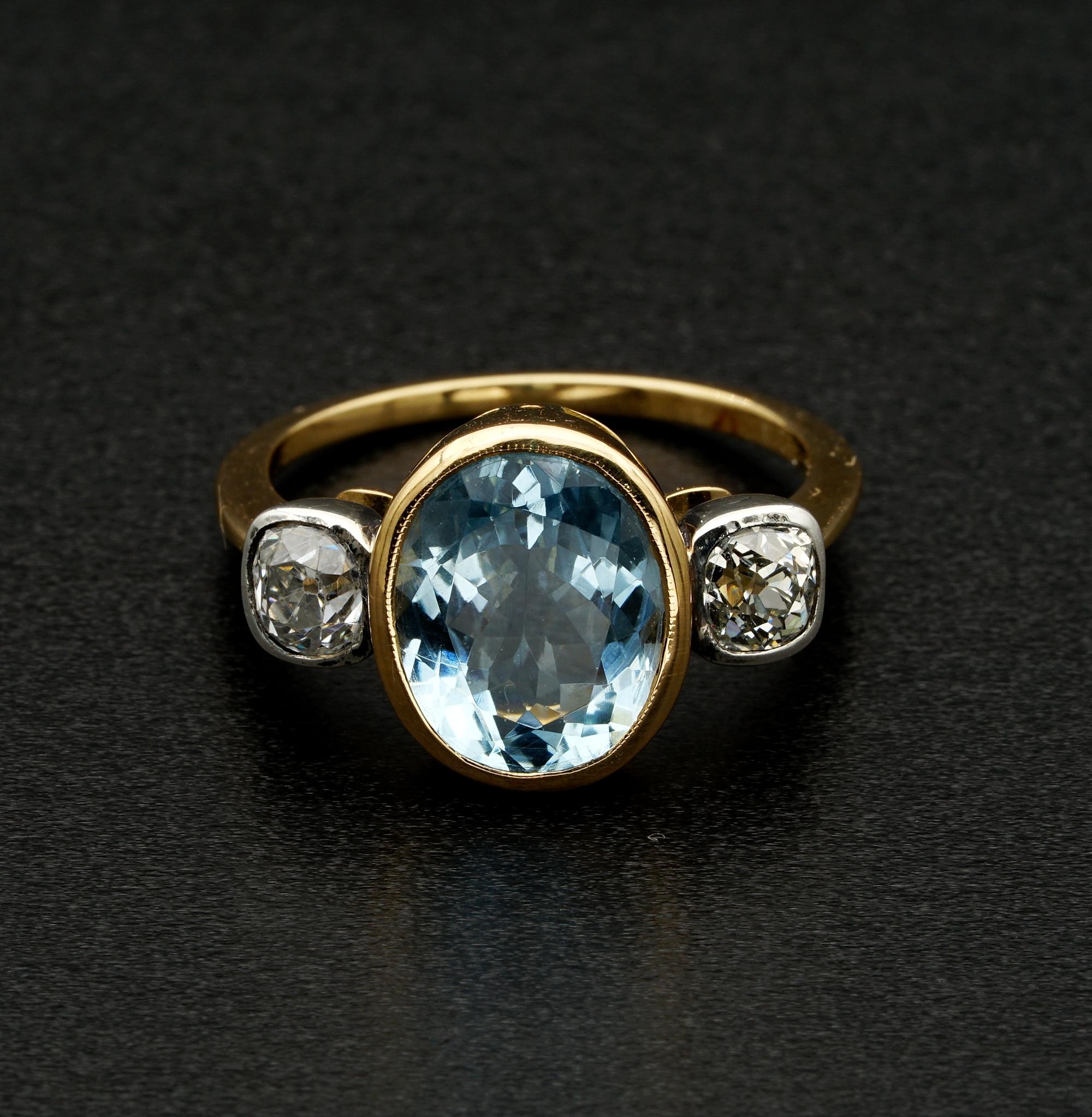 Sky Capture

This beautiful, Natural Aquamarine and Diamond Trilogy ring, is a vintage, classy version, good for engagement, anniversary or good companion to get on fingers
Dates late Deco period, most probably 1940 ca – hand crafted of solid 18 KT