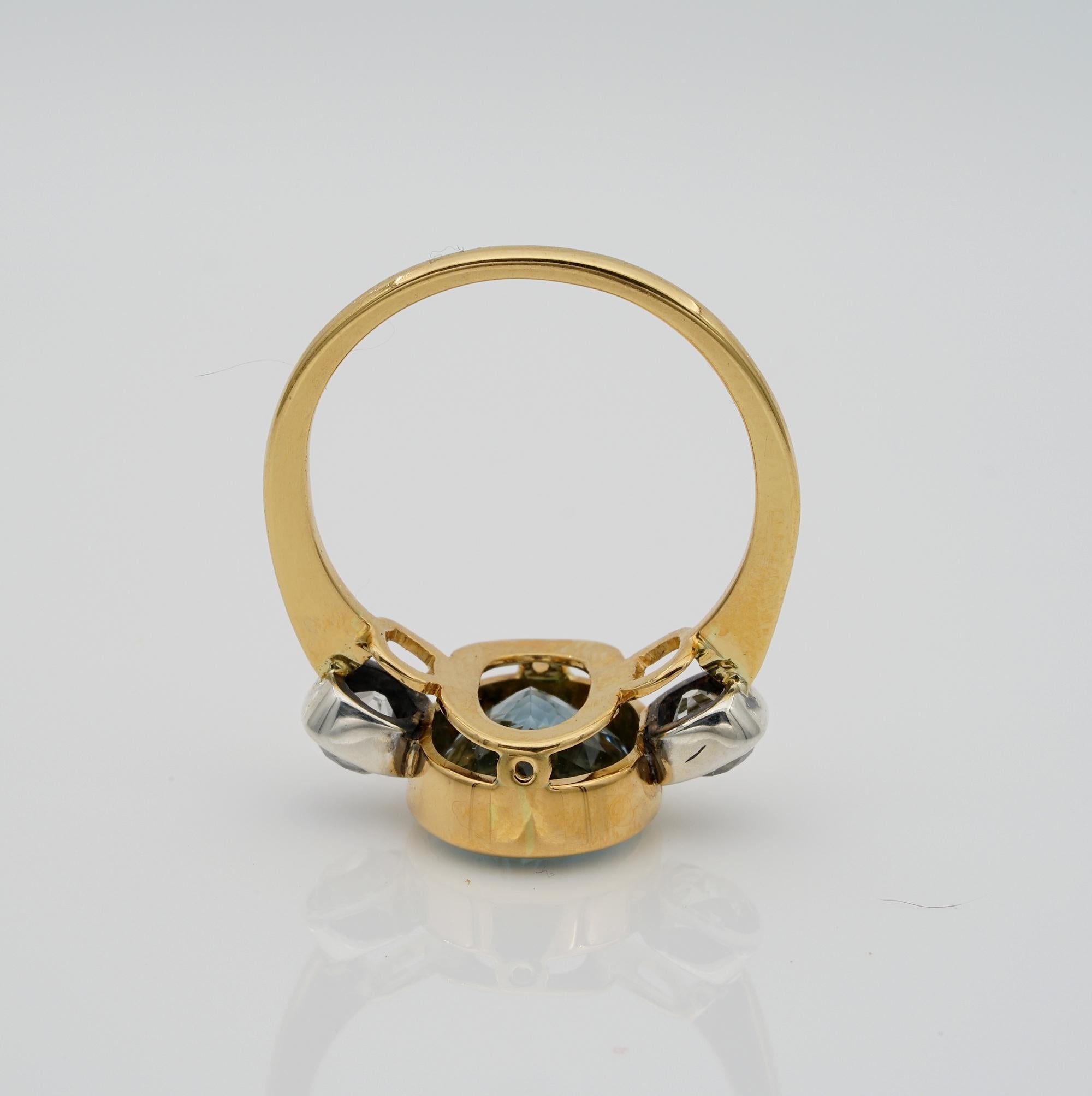 Women's or Men's Beautiful Vintage 3.0 Ct Natural Aquamarine .80 CT Old Cut Diamond Trilogy Ring