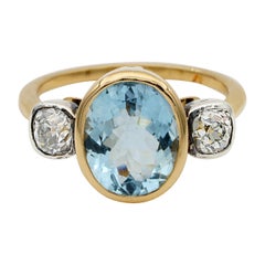 Beautiful Vintage 3.0 Ct Natural Aquamarine .80 CT Old Cut Diamond Trilogy Ring