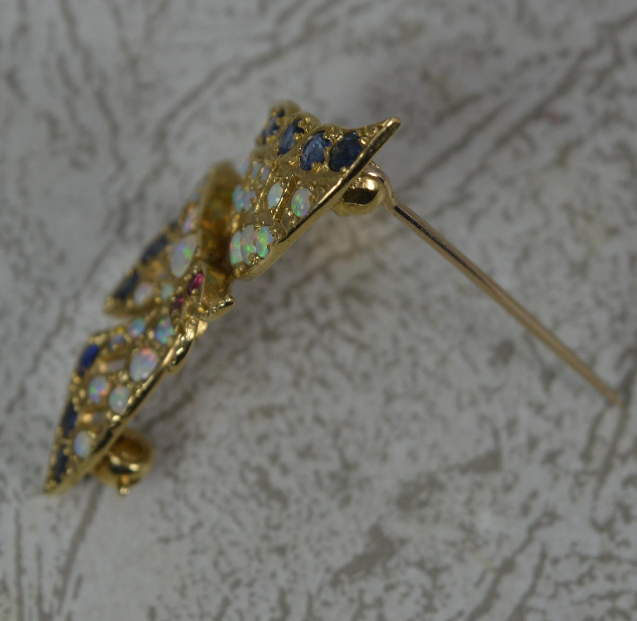 Round Cut Beautiful Vintage 9ct Gold Natural Opal Sapphire and Ruby Butterfly Brooch