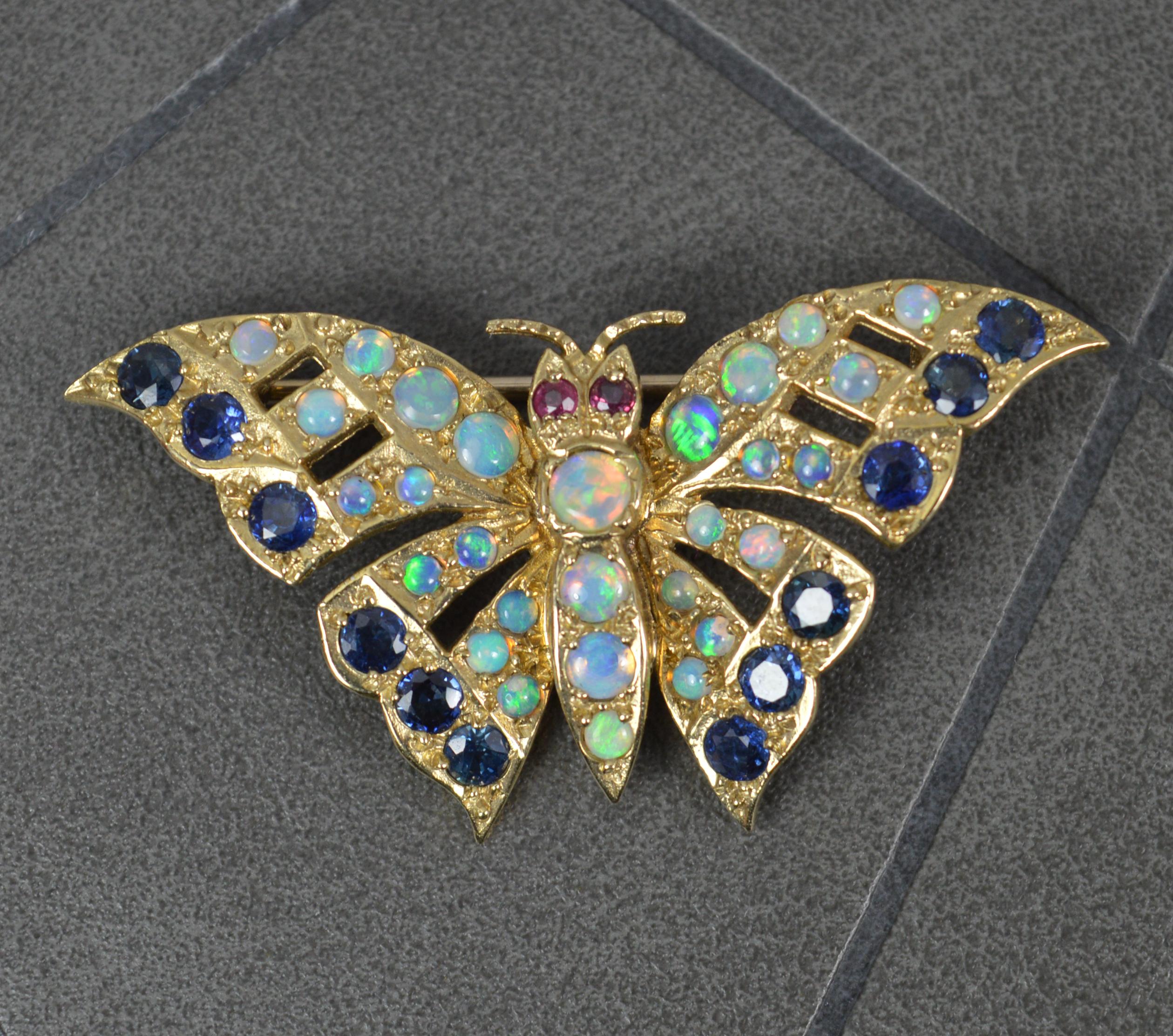 Beautiful Vintage 9ct Gold Natural Opal Sapphire and Ruby Butterfly Brooch In Excellent Condition In St Helens, GB