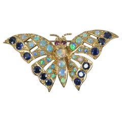 Beautiful Vintage 9ct Gold Natural Opal Sapphire and Ruby Butterfly Brooch