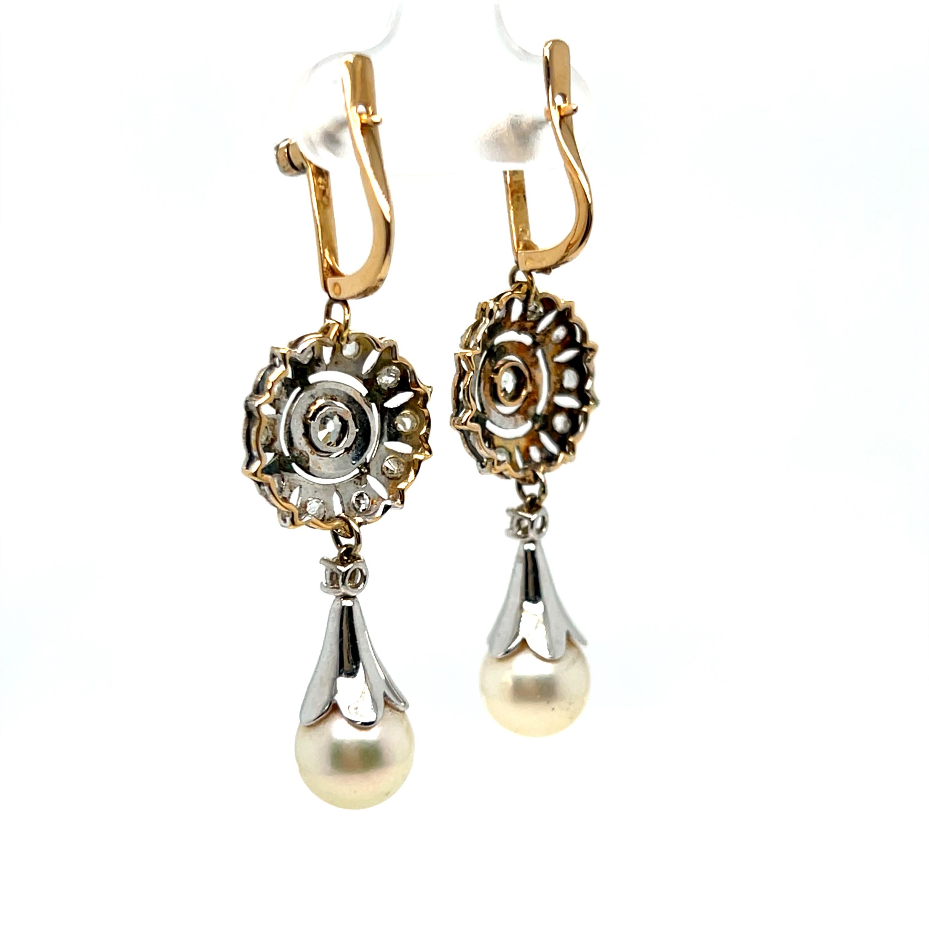 Round Cut Beautiful Vintage Art Deco 14K Yellow/ White Gold Diamond and Pearl Earrings. For Sale