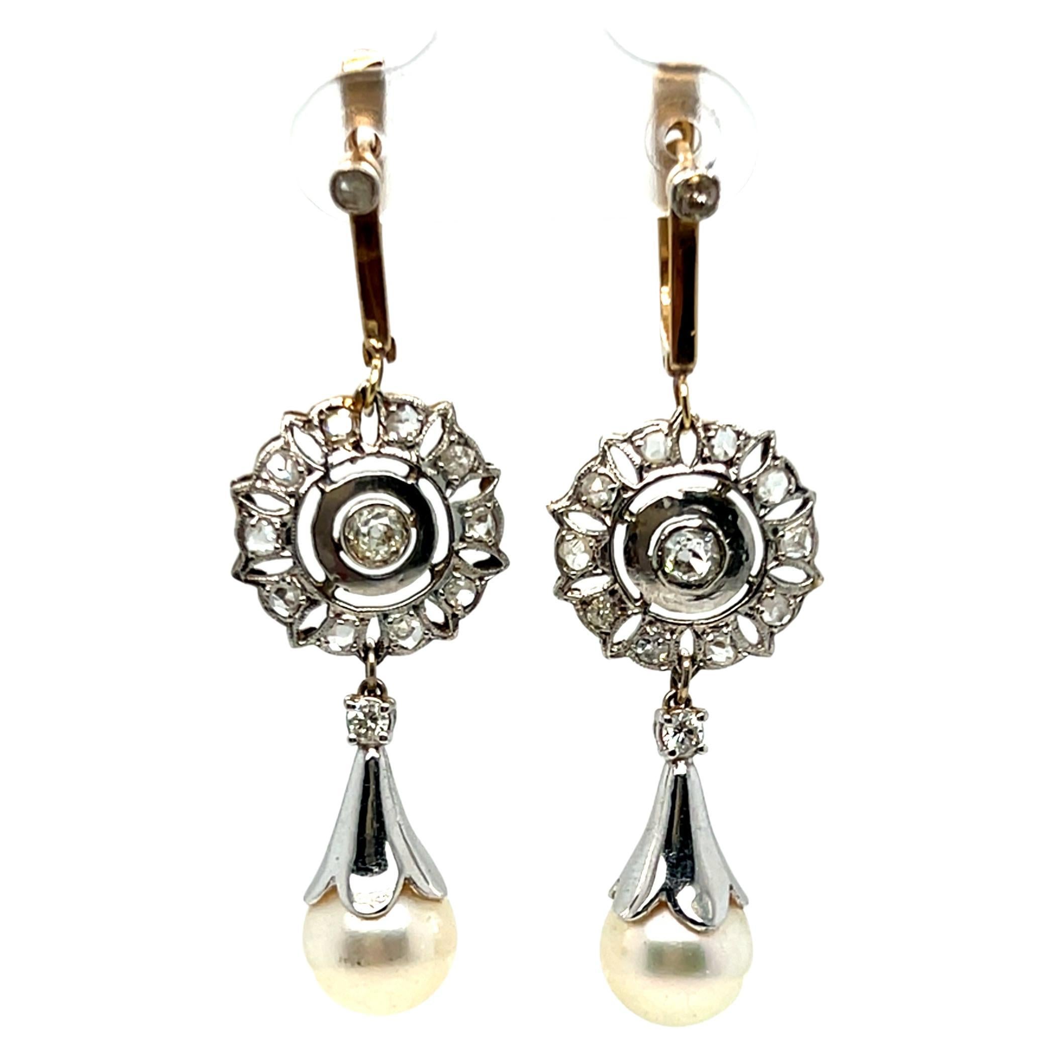Beautiful Vintage Art Deco 14K Yellow/ White Gold Diamond and Pearl Earrings.