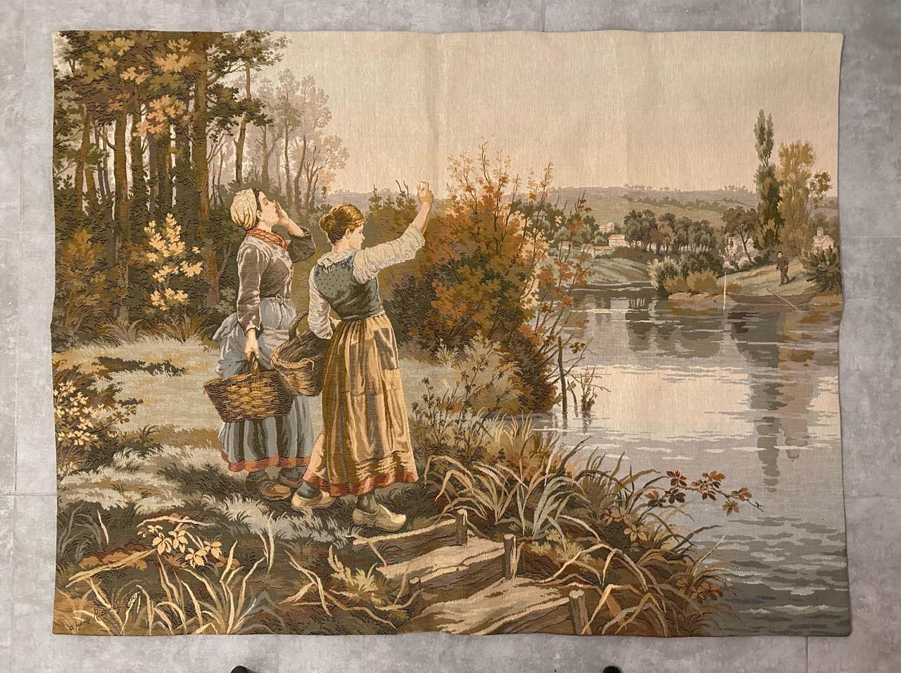 Pretty vintage Aubusson style tapestry with beautiful design of women at the water's edge with beautiful colors, woven with wool and cotton with mechanical Jaquar manufacturing.

✨✨✨
