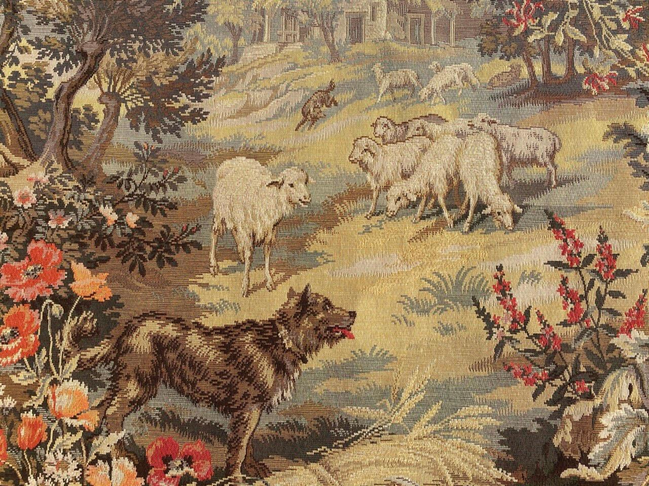 Nice mid century French tapestry with beautiful design of town, titled, spring, with sheep, dog, goats and birds. With beautiful colors, mechanical jaquar manufacturing in style of Aubusson, woven with cotton and wool.
