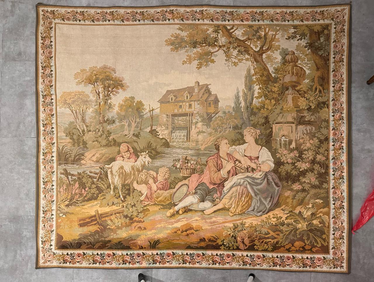Pretty vintage Aubusson style tapestry with beautiful gallant design at beach with beautiful colors, woven with wool and cotton with mechanical Jaquar manufacturing.

✨✨✨
