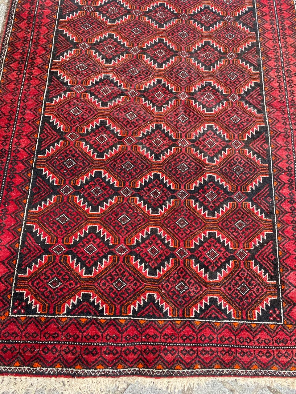 Very beautiful mid century Afghan Baluch rug with nice tribal design and beautiful colors, entirely and finely hand knotted with wool velvet on wool foundation.

✨✨✨
