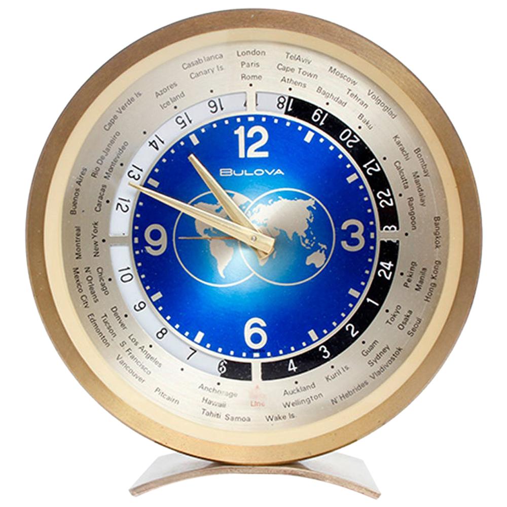 Beautiful Vintage Bulova Globe World Time Brass Alarm Desk/Shelf Clock